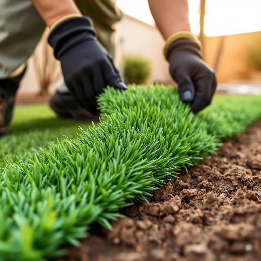 Landscaper installing fresh sod rolls Sahuarita AZ