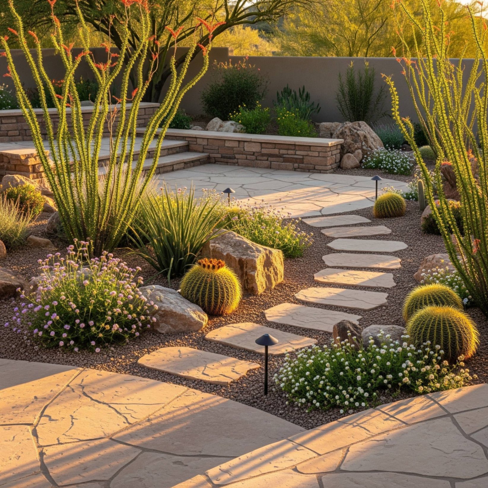 Desert paver walkway with native landscaping Tucson AZ
