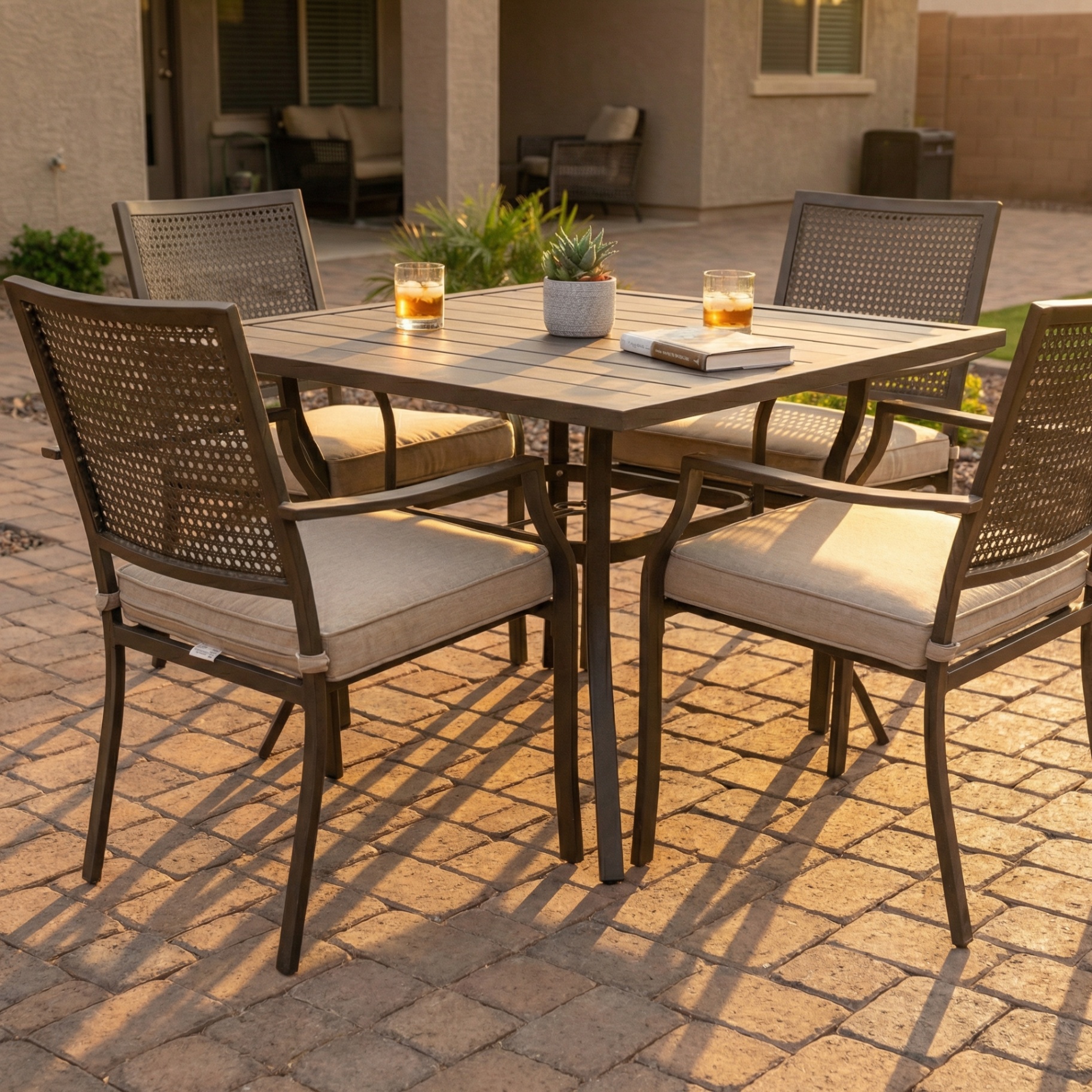 Outdoor dining on paver patio closeup Arizona