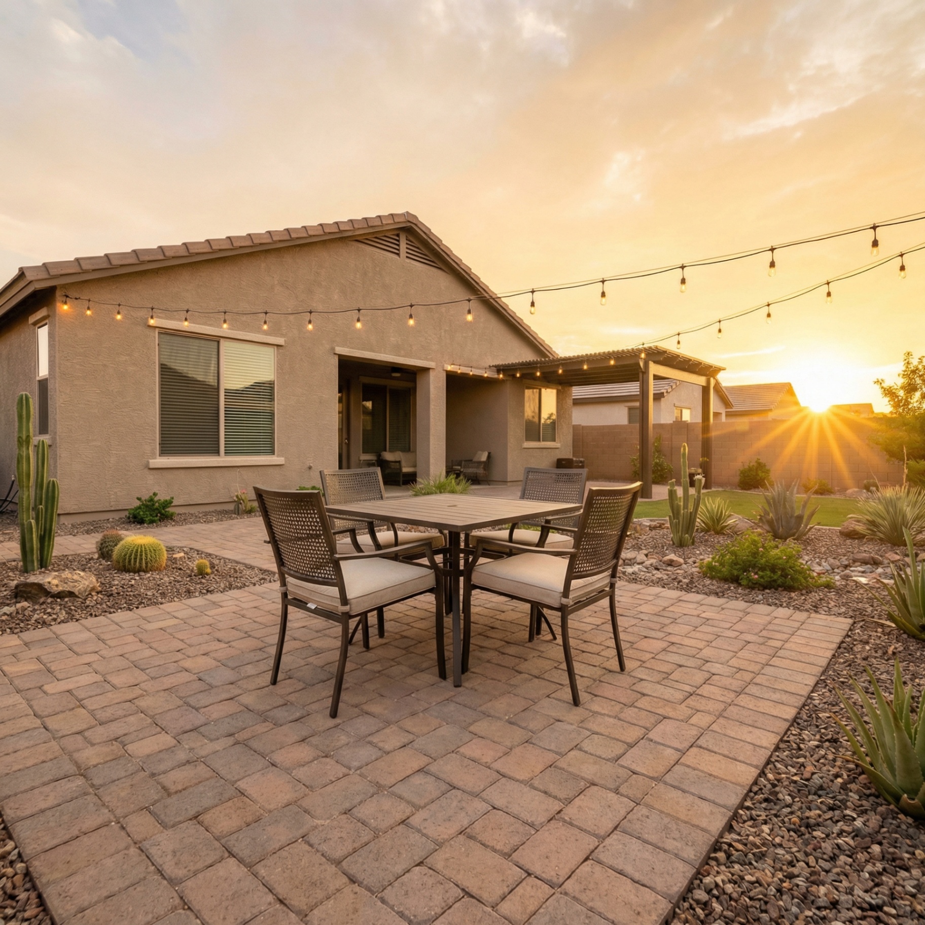 Paver patio with string lights at sunset Arizona