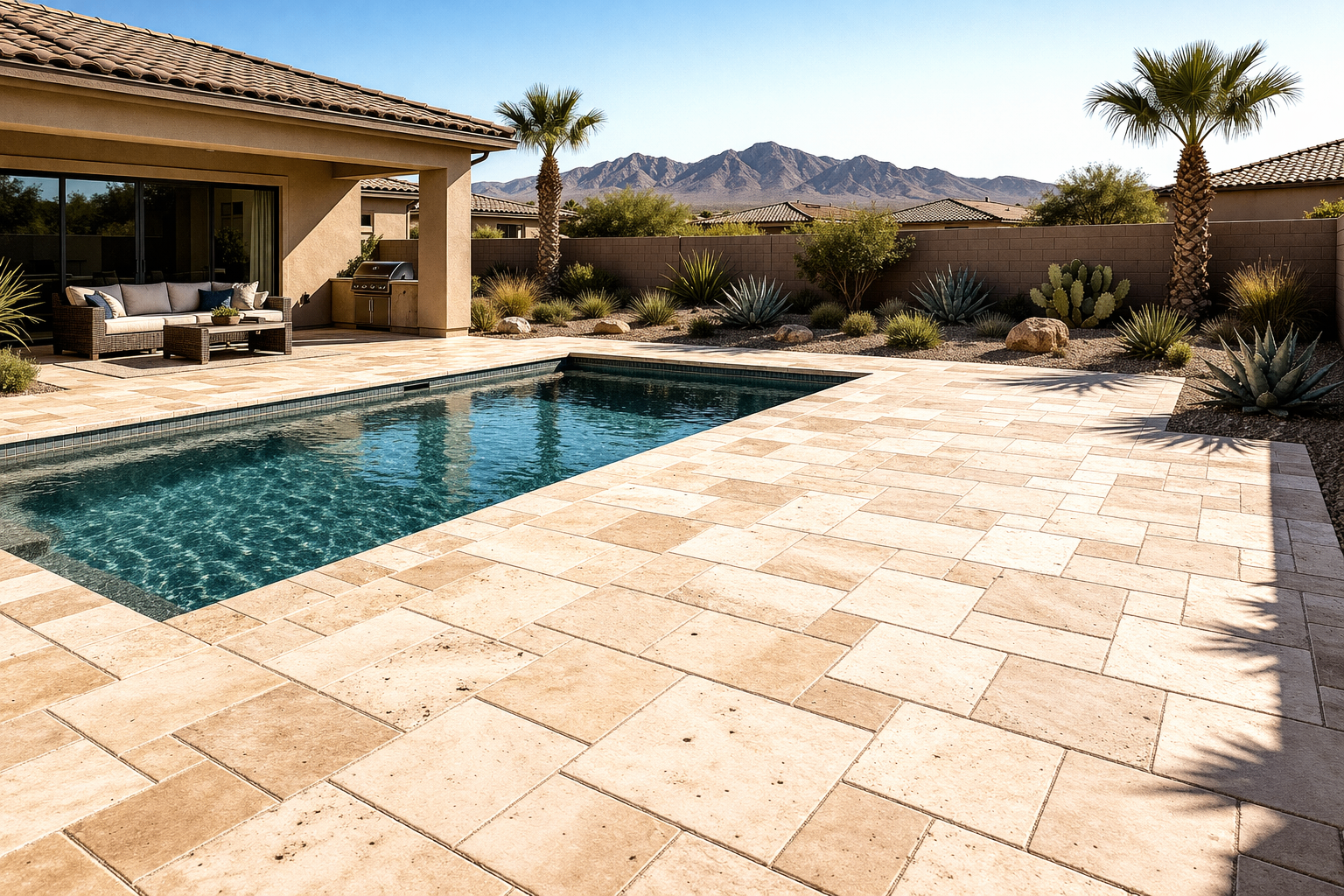 Travertine pool deck with mountain views Oro Valley